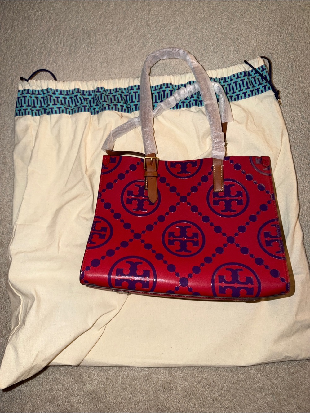 Tory Burch Red Tote with purple Logo Chain Print